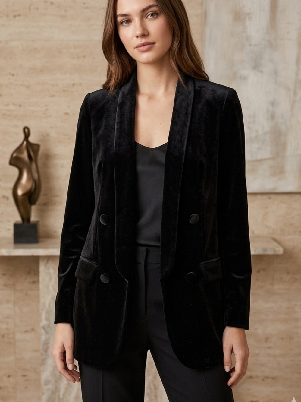 Express Women's S Black Velvet Double Breasted Open Front Tuxedo Blazer Jacket